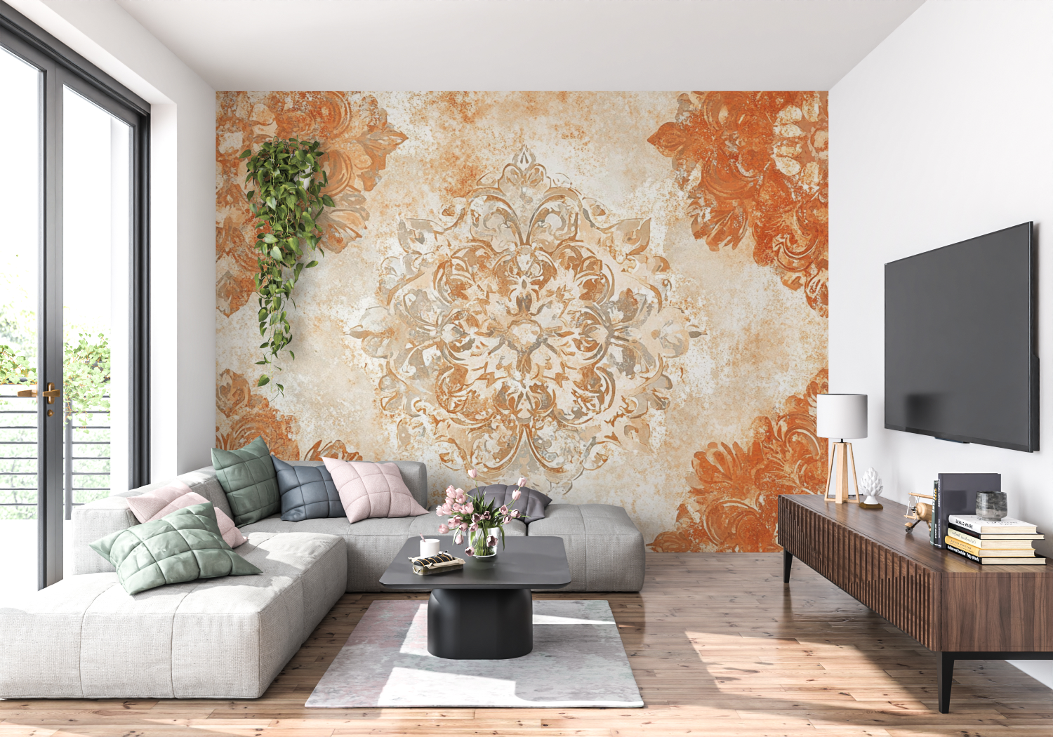 Terracotta Wallpaper with Golden Scrolls | Murals Wallpaper