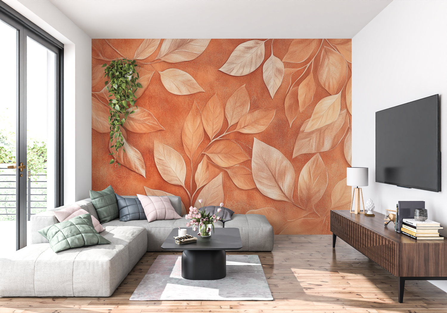 Terracotta Wallpaper with Gold Leaves | Murals Wallpaper