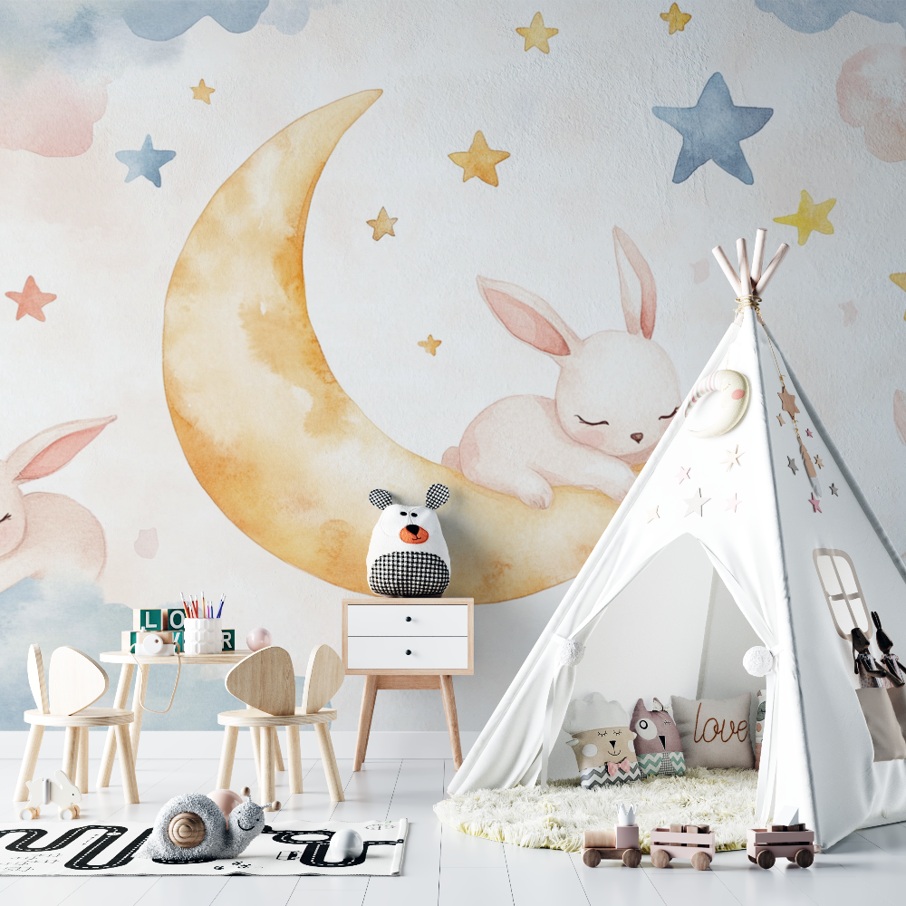 Wallpaper Animals Rabbit and Sleeping Moon | Murals Wallpaper