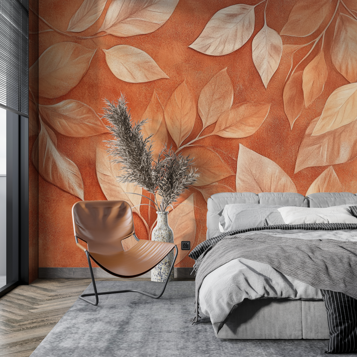Terracotta Wallpaper with Golden Leaves | Murals Wallpaper
