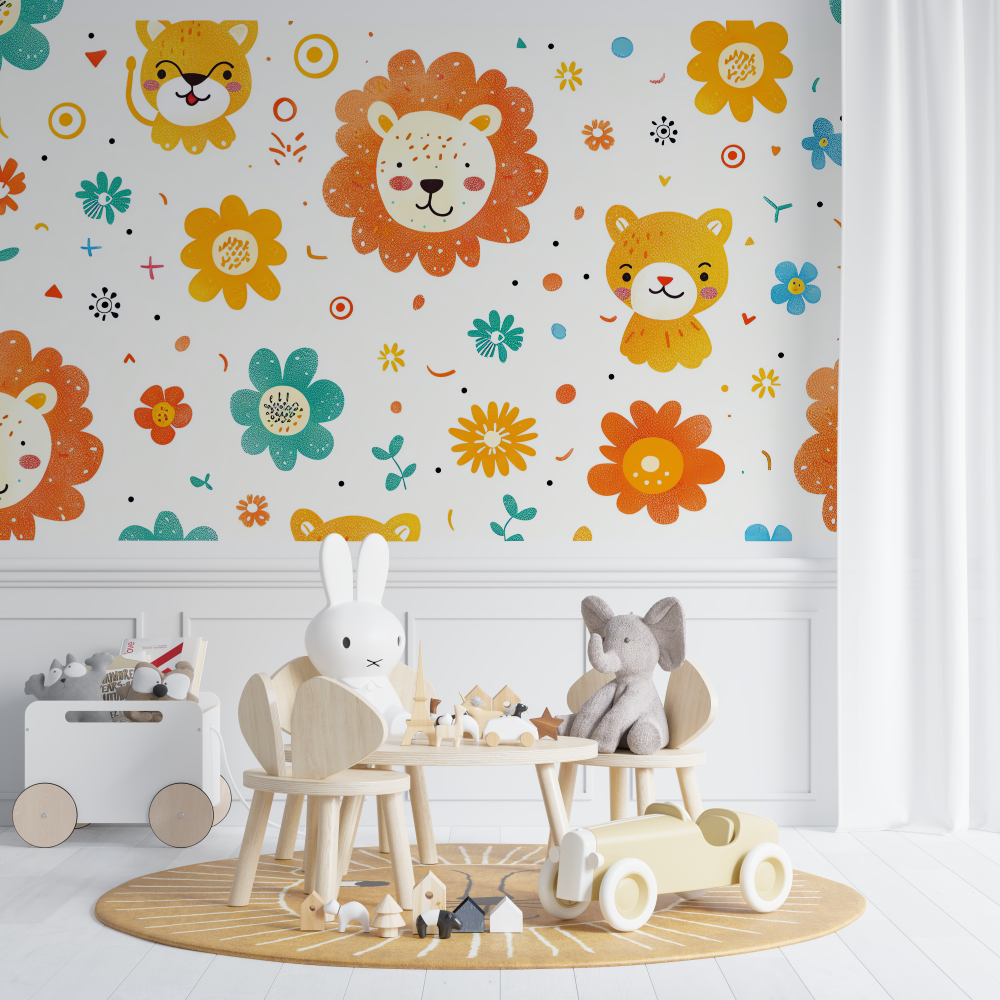 Lion and Delicate Flowers Wallpaper | Murals Wallpaper