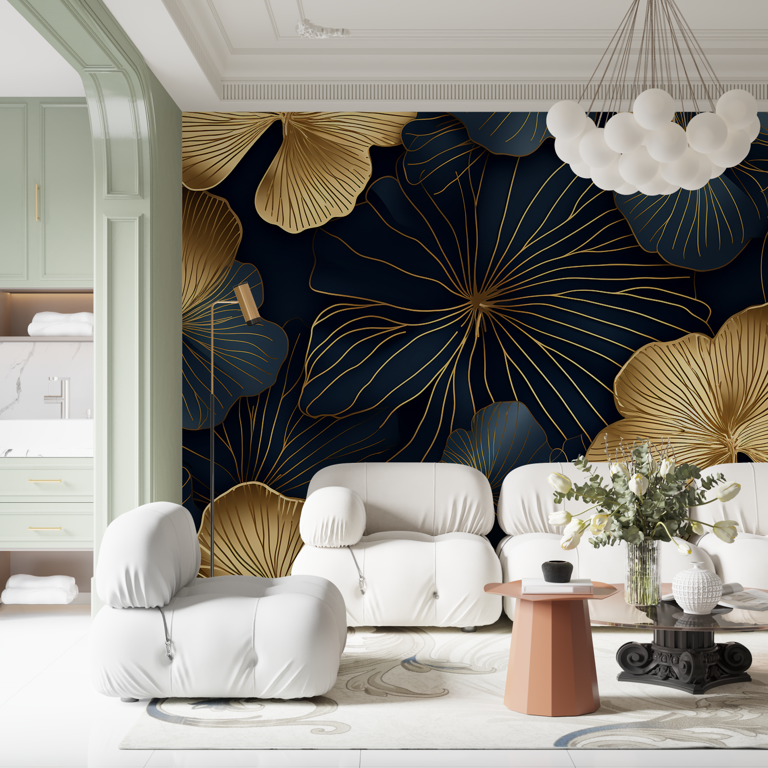 Art Deco Blue Wallpaper with Large Gold Flowers | Murals Wallpaper