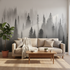 Black and White Misty Pine Forest Mural Wallpaper