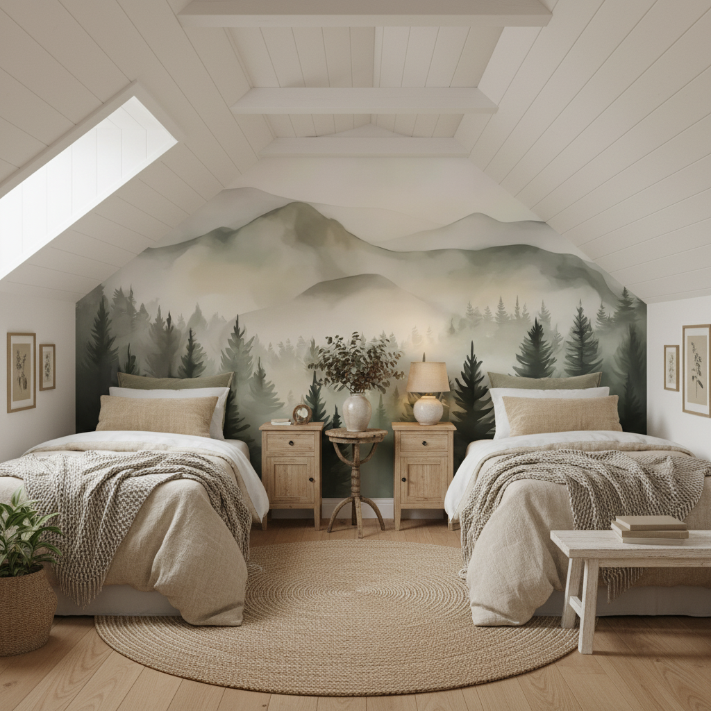 Watercolor Misty Pine Mountains Mural Wallpaper