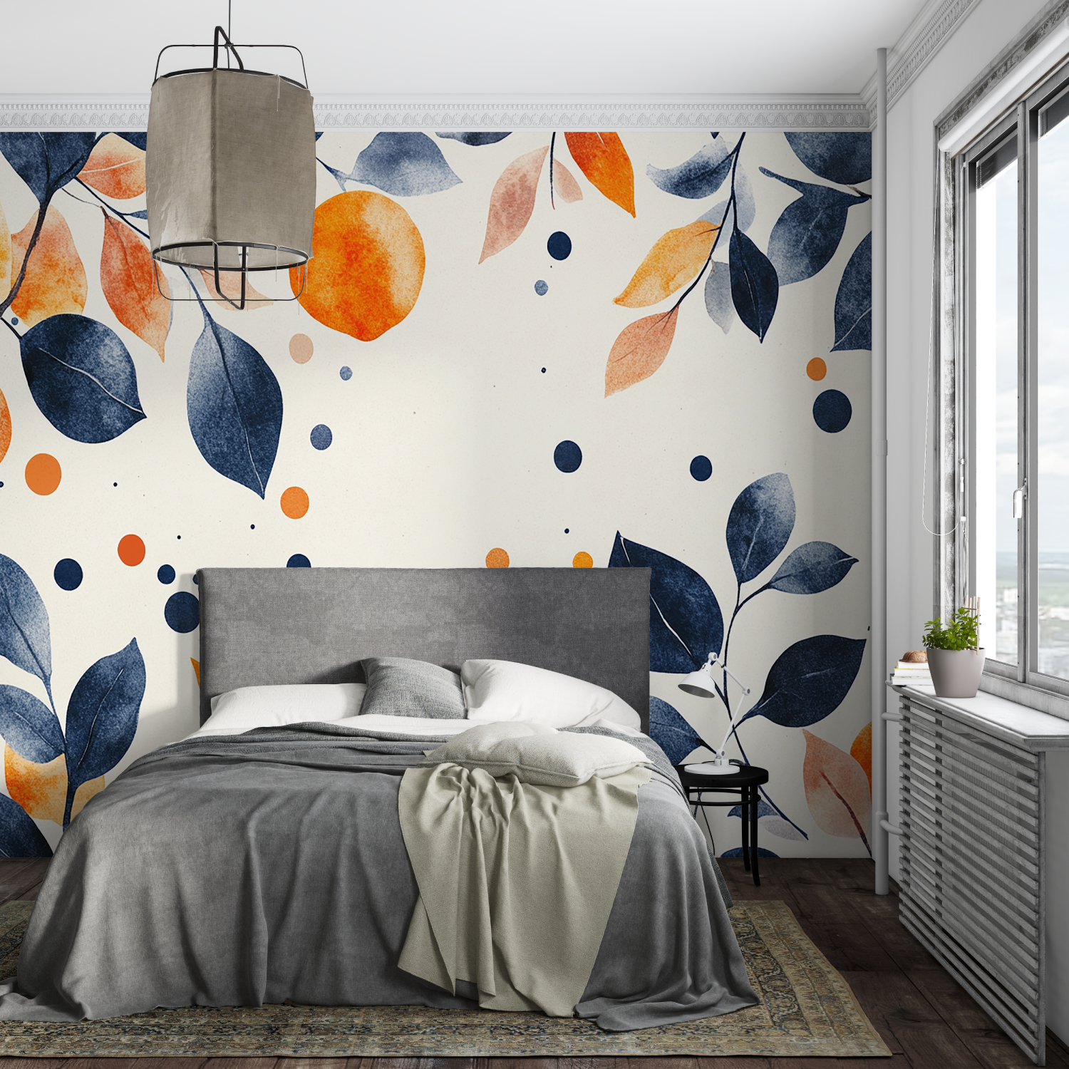Blue Floral and Orange Wallpaper | Murals Wallpaper