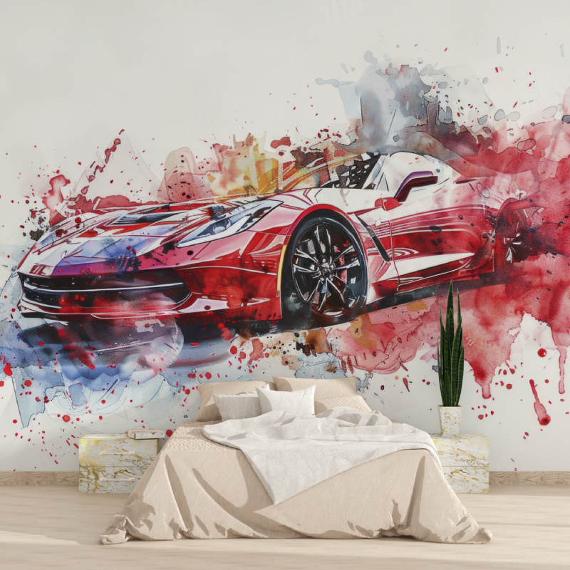 Red Sports Car Watercolor Wallpaper | Murals Wallpaper