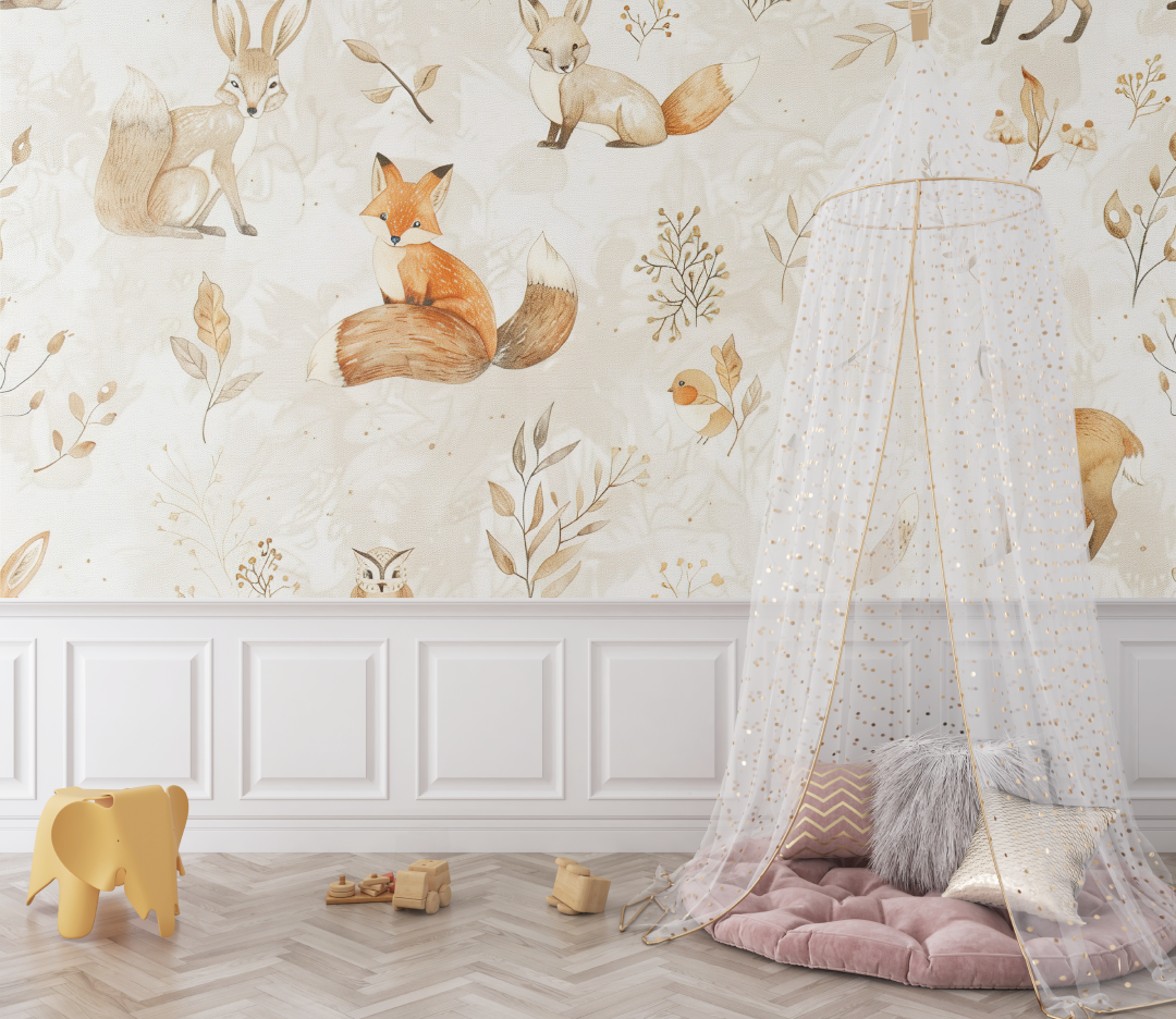 Beige Forest Friends Fox Wallpaper | Murals Wallpaper