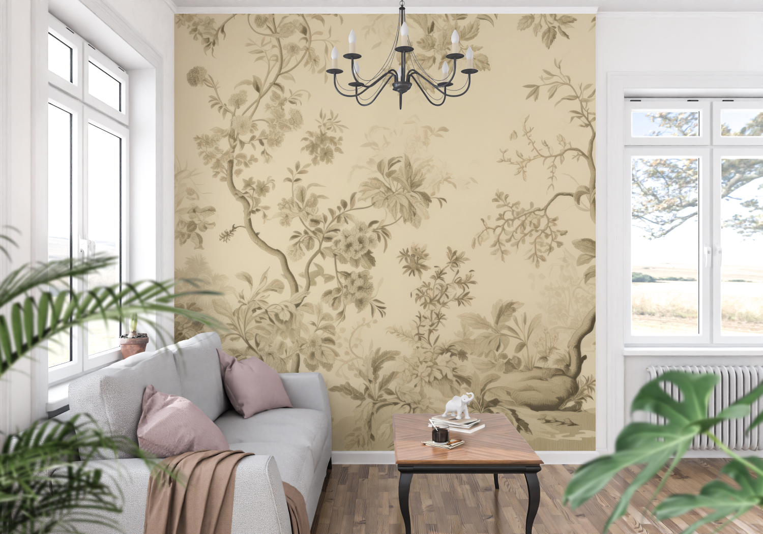 Beige Floral Toile Wallpaper | Murals Wallpaper