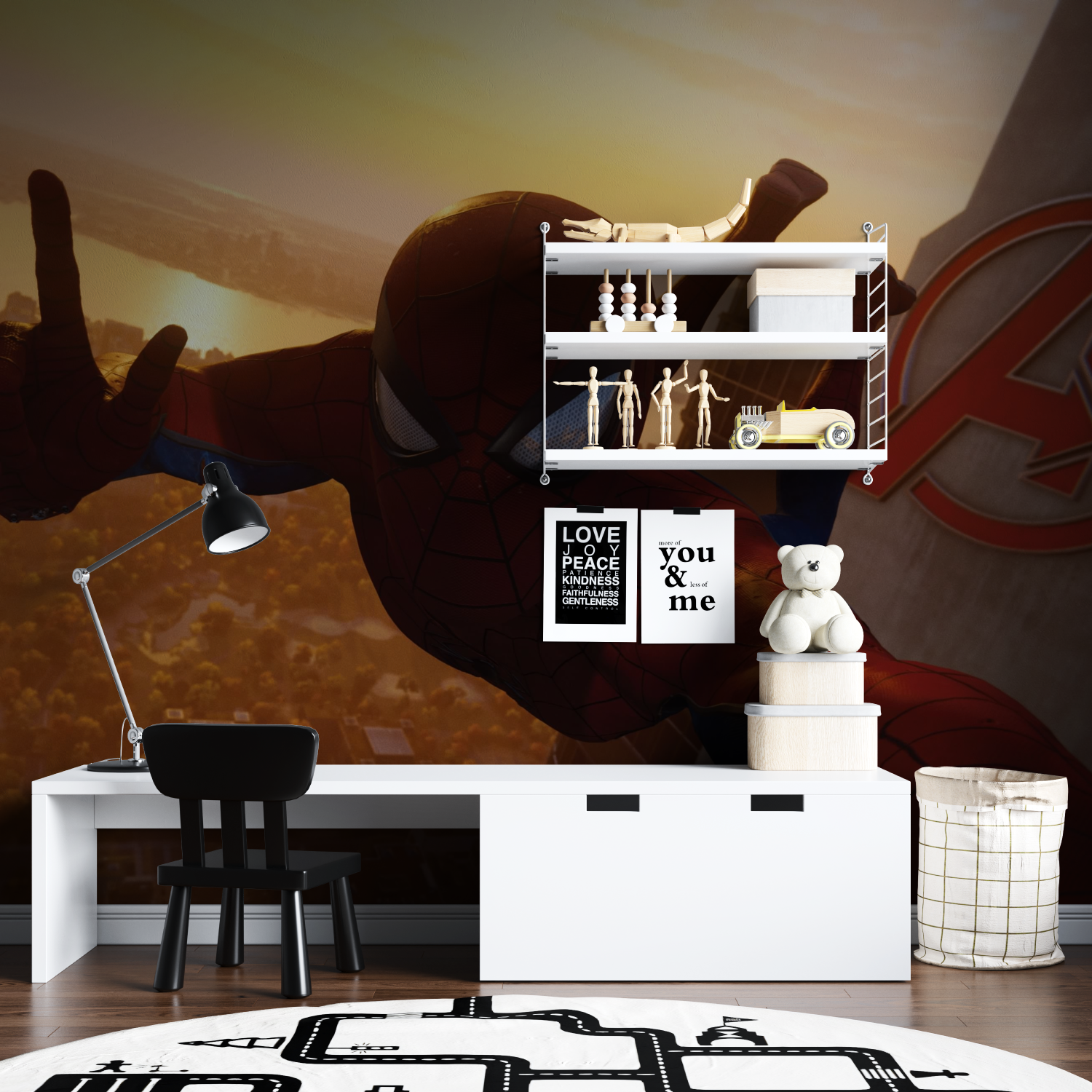 Spiderman Avengers Tower Tapete - Jungenschlafzimmer Bett