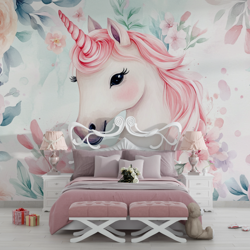 Papier-Peint-Licorne-Pas-cher-fleuri-chambre-filles