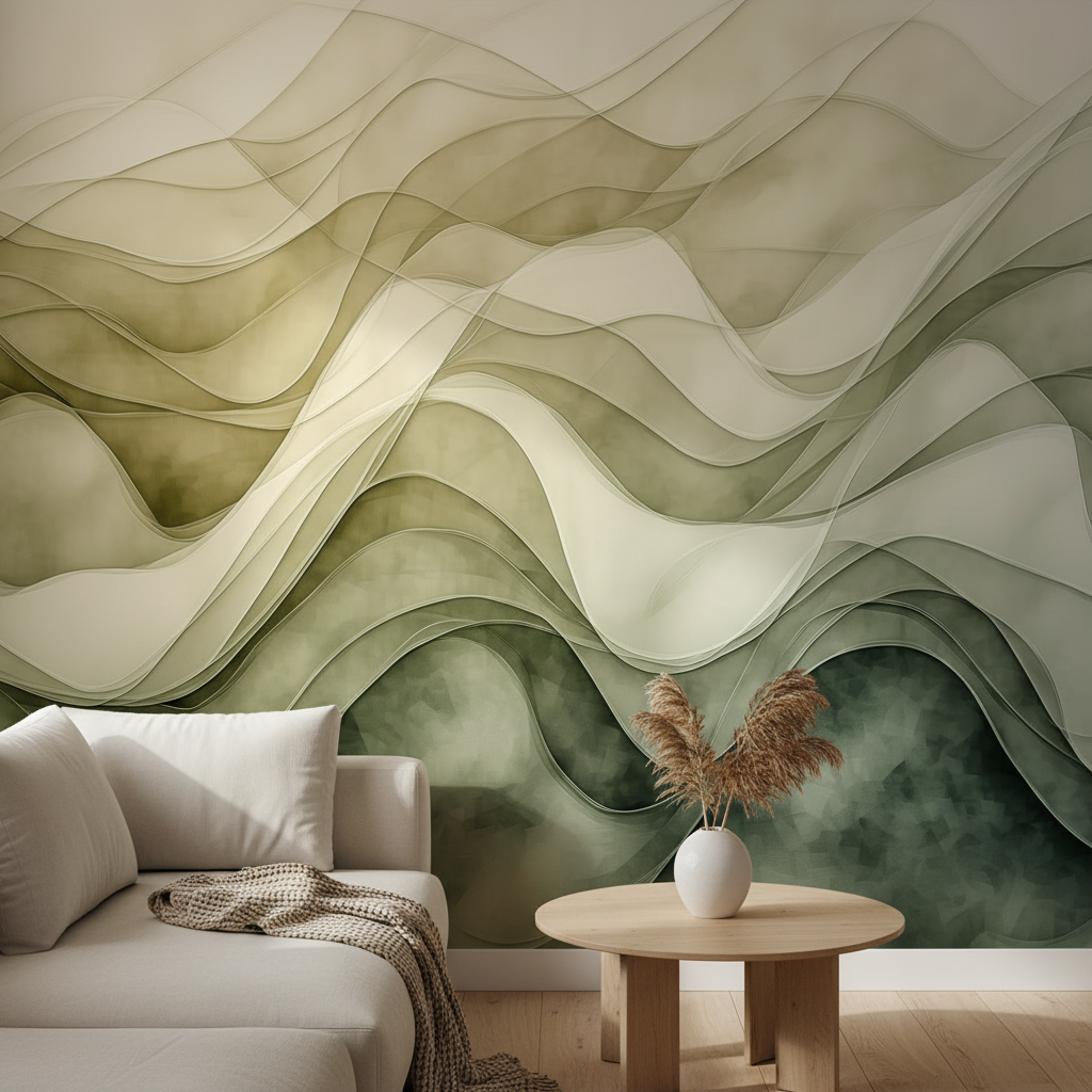 Abstract Green Wavy Lines Mural Wallpaper