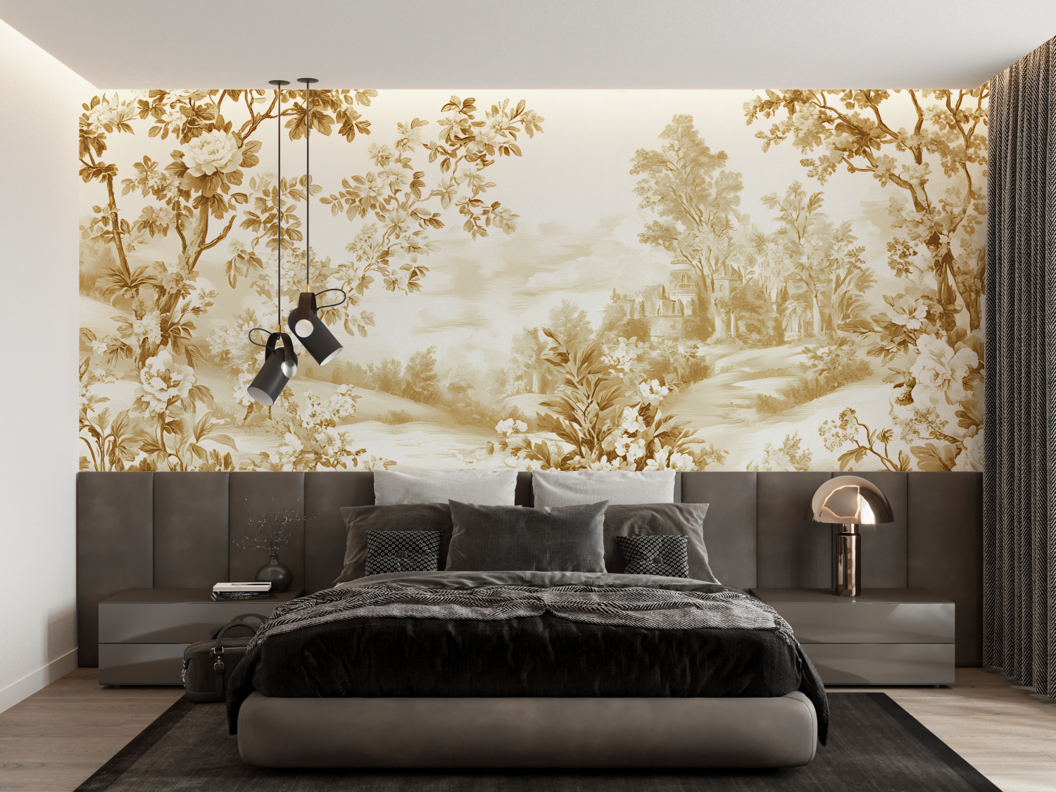 Beige Yellow Toile de Jouy Wallpaper | Murals Wallpaper