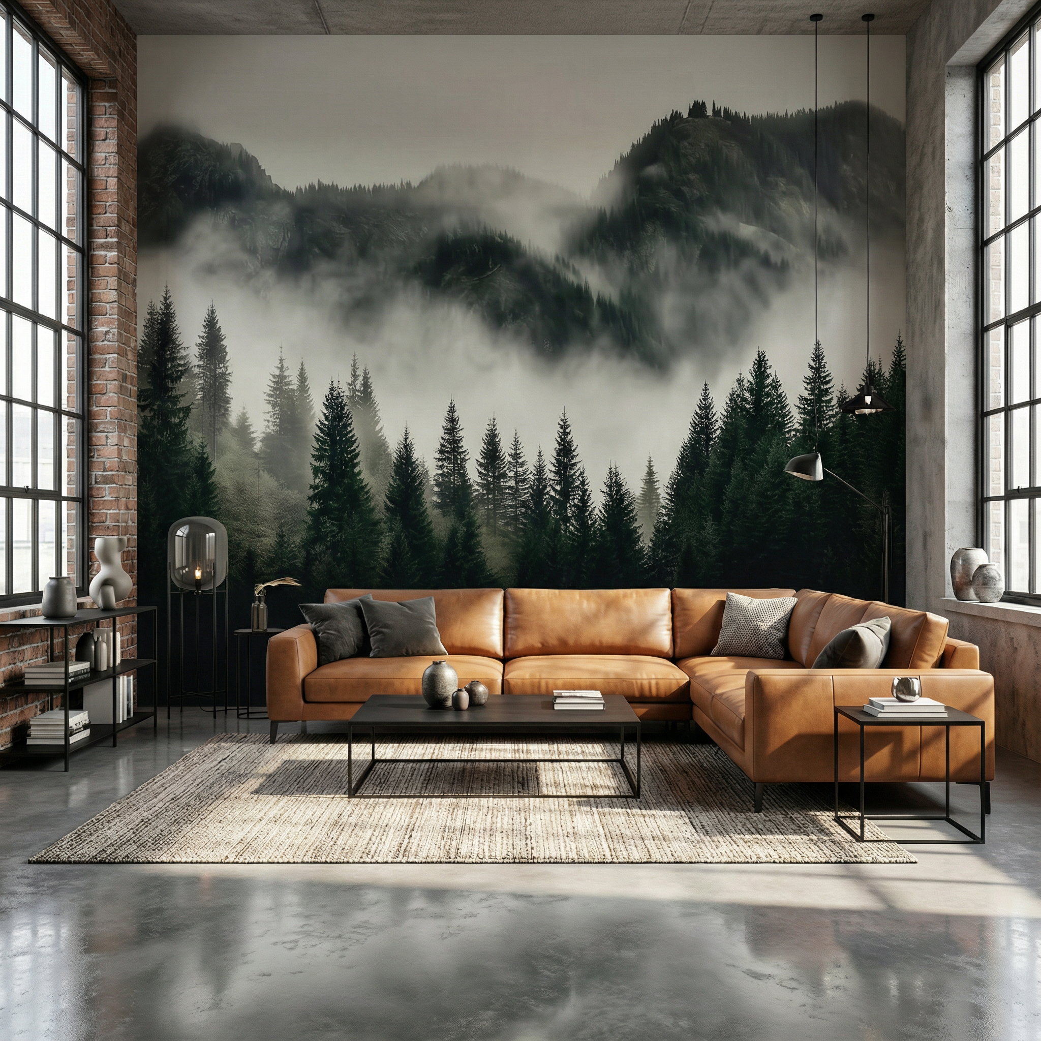 Dark Mountain Fog Forest Mural Wallpaper