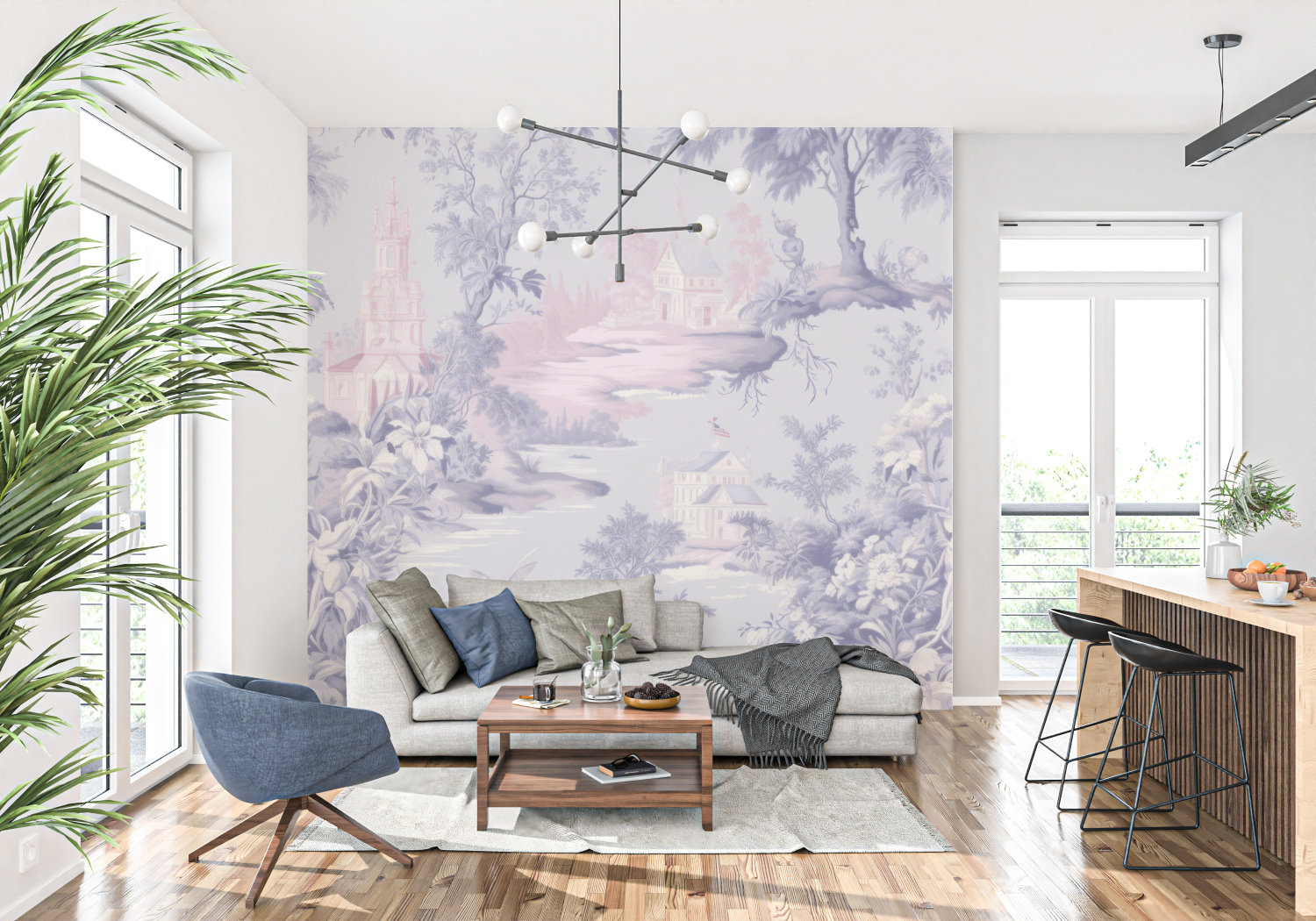 Toile de Jouy Pink Purple Wallpaper | Murals Wallpaper
