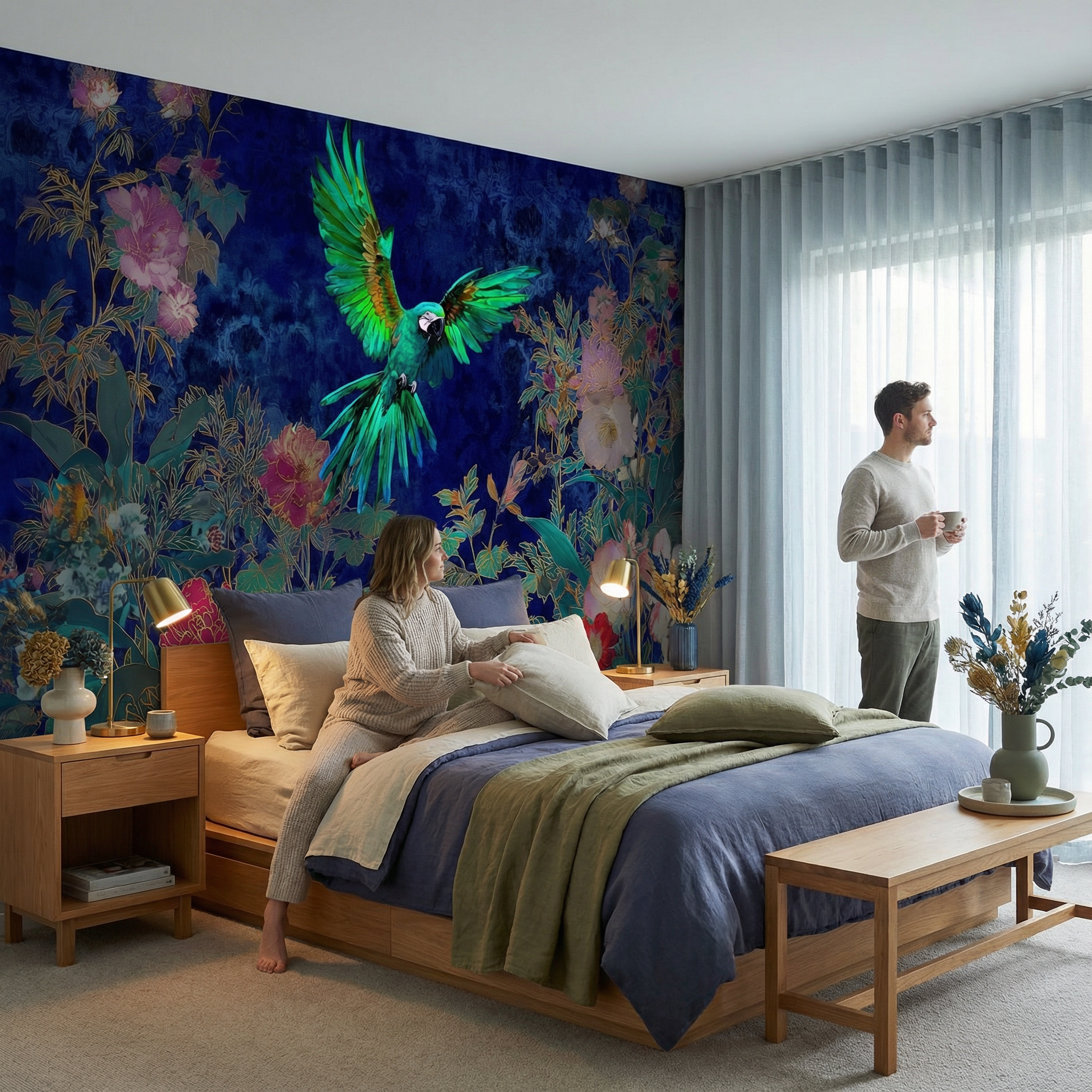 Vibrant Parrot and Floral Garden Mural Wallpaper