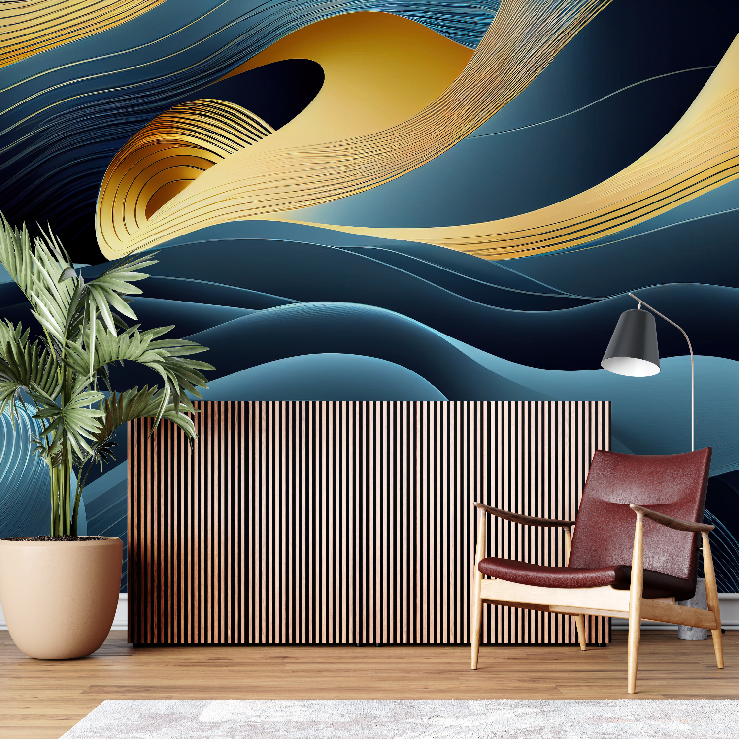 Art Deco Blue and Gold Waves Wallpaper | Murals Wallpaper