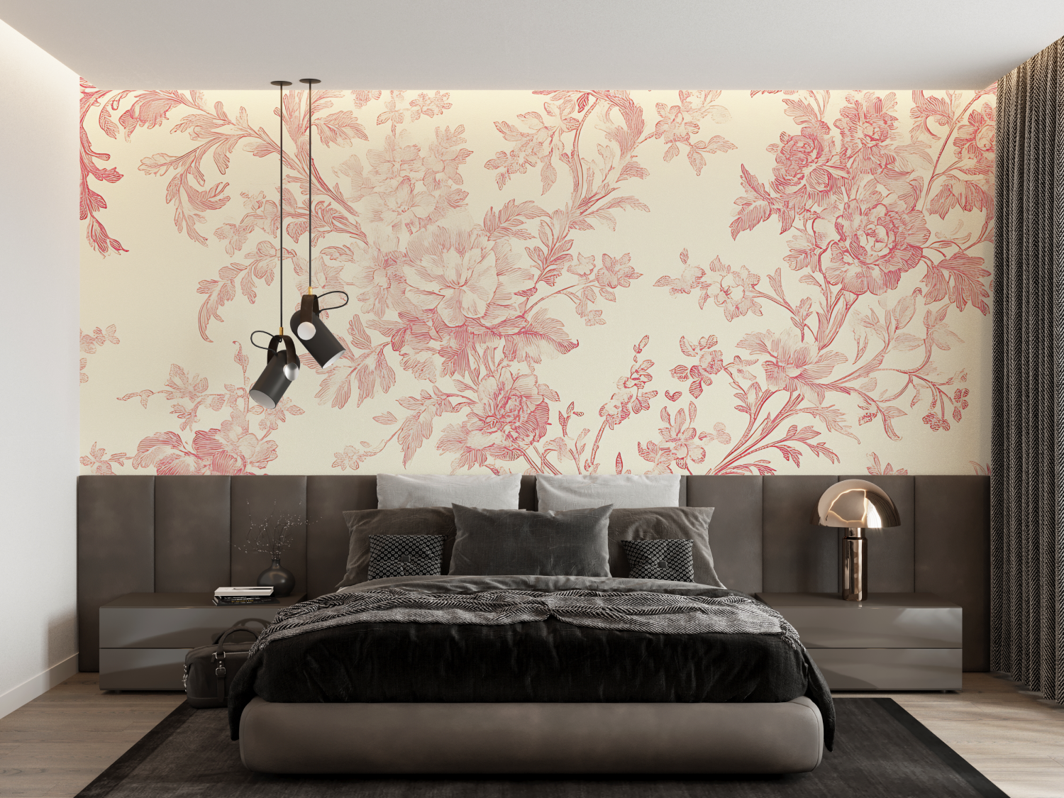 Toile de Jouy Red Floral Wallpaper | Murals Wallpaper