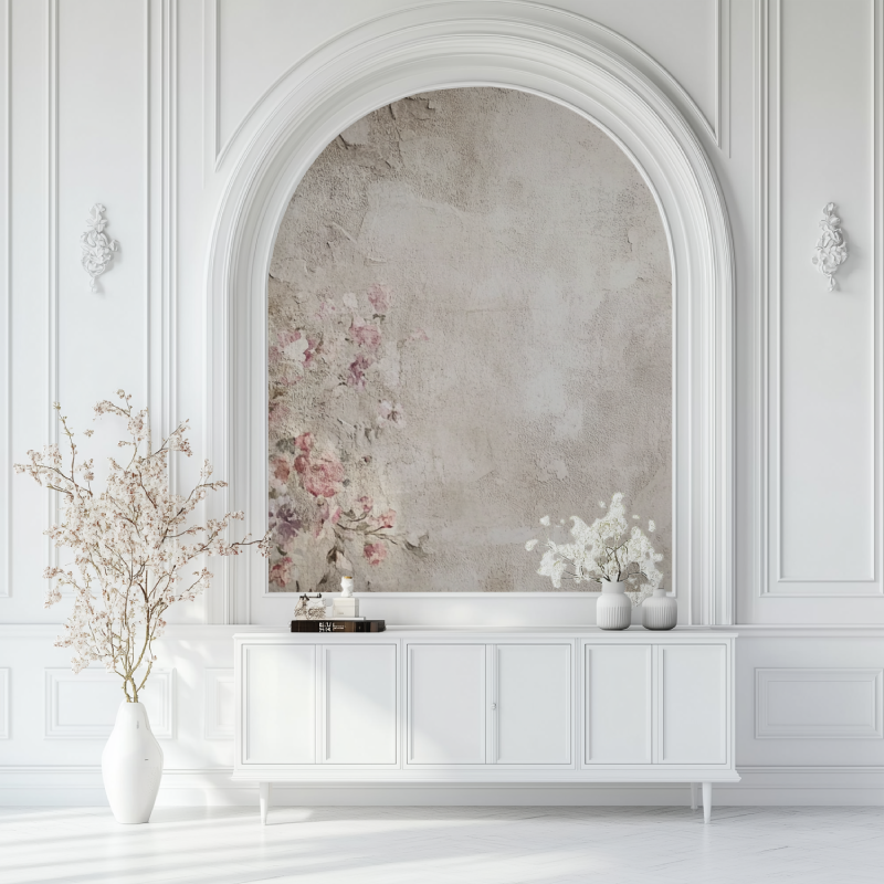 Vintage-Fototapete in Stoffoptik, weißes Wohnzimmer