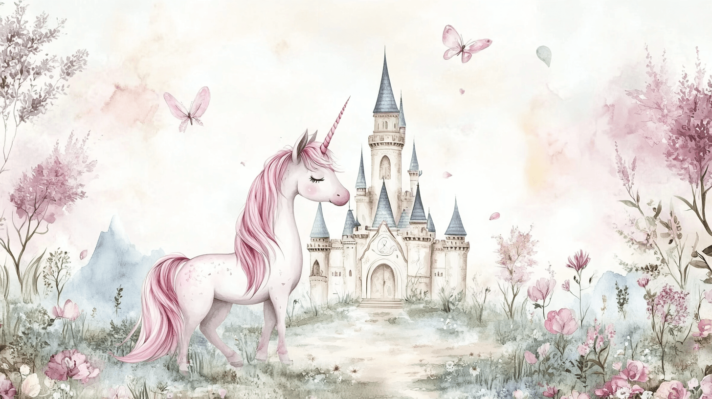 Tapeten Licorne Château Princesse et Licorne