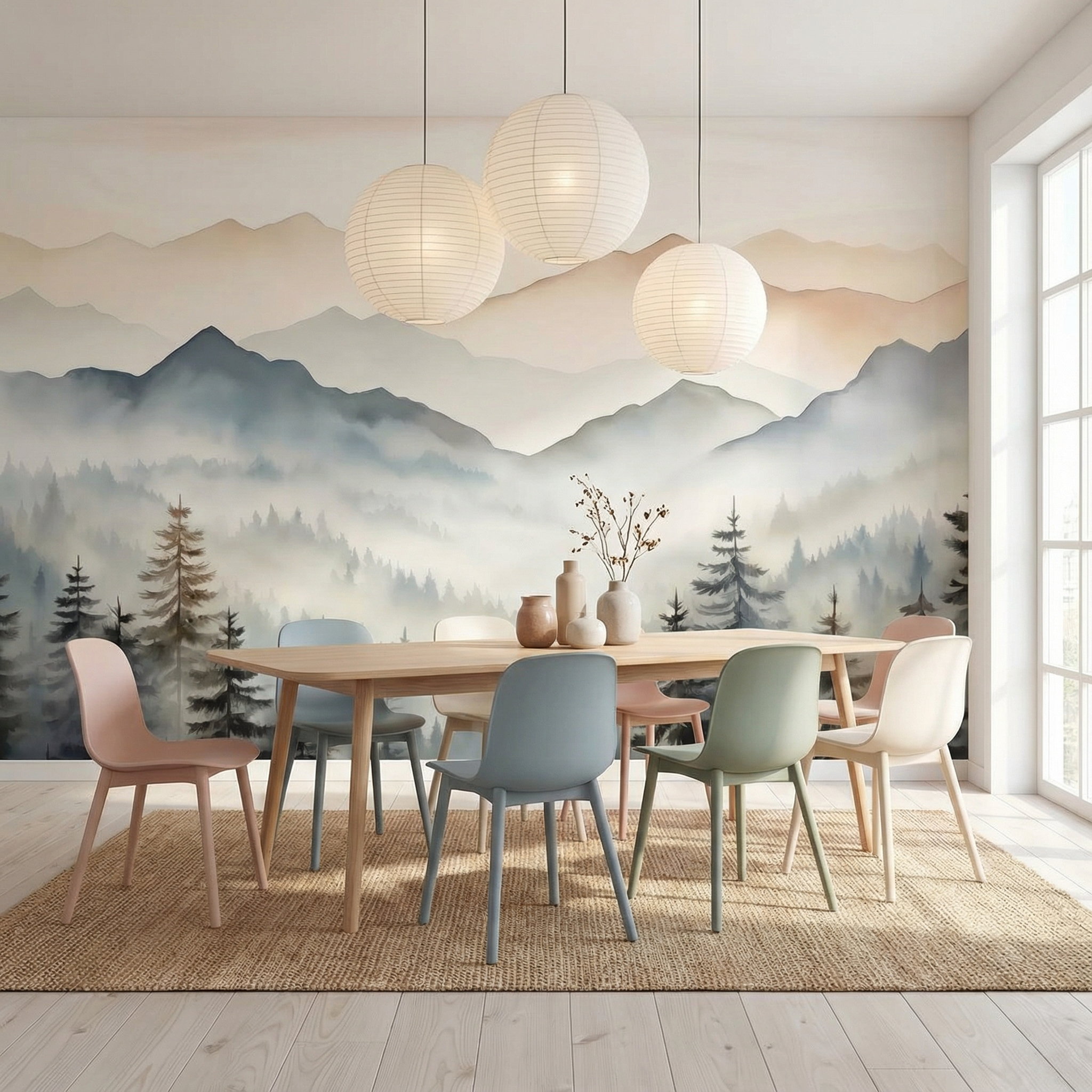 Soft Watercolor Mountain Landscape Mural Wallpaper