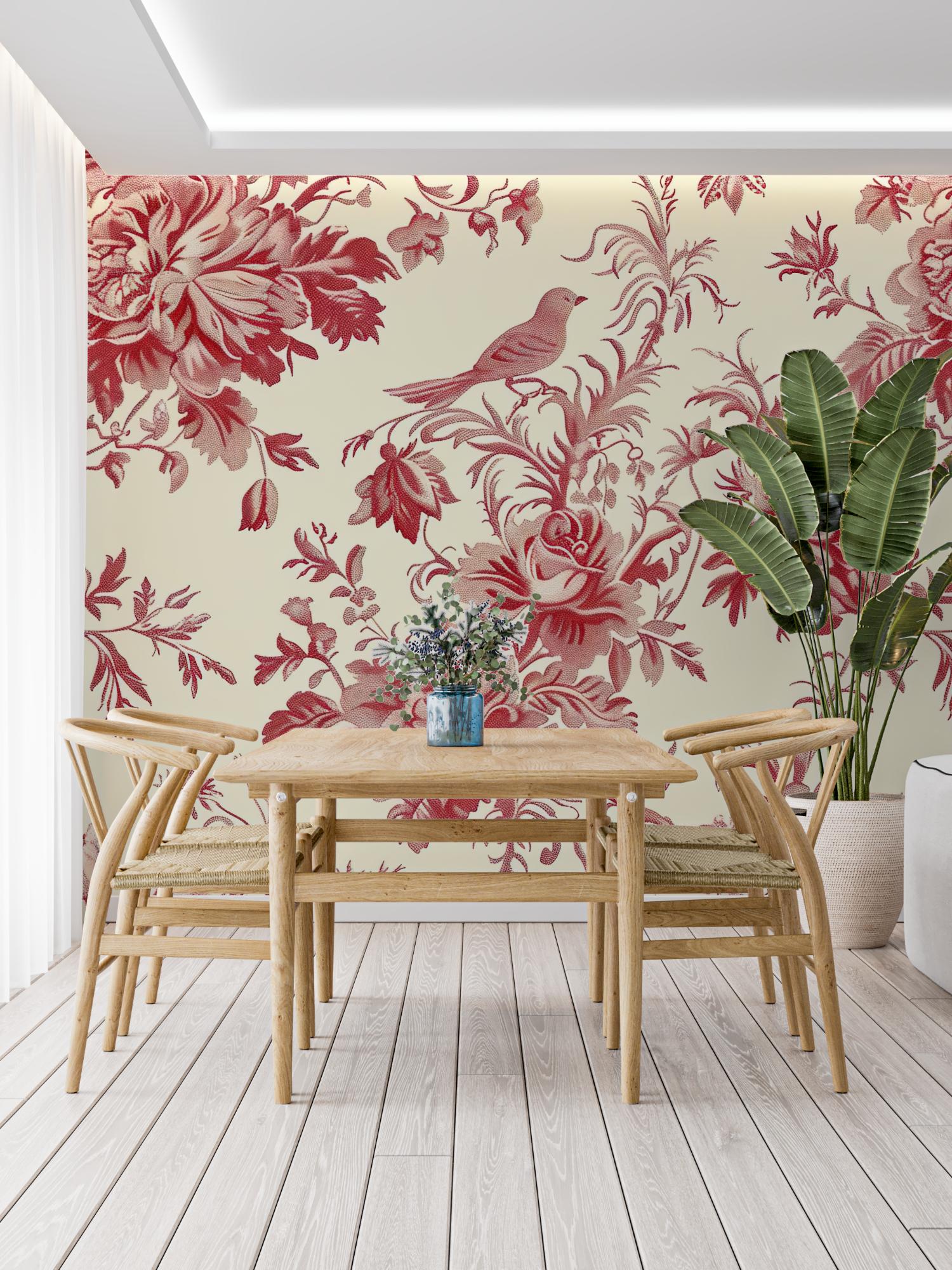 Papier Peint Toile De Jouy Rouge Oiseau - Tapisserie