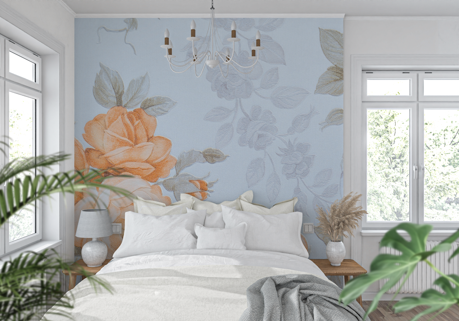 Orange and White Floral Wallpaper | Murals Wallpaper