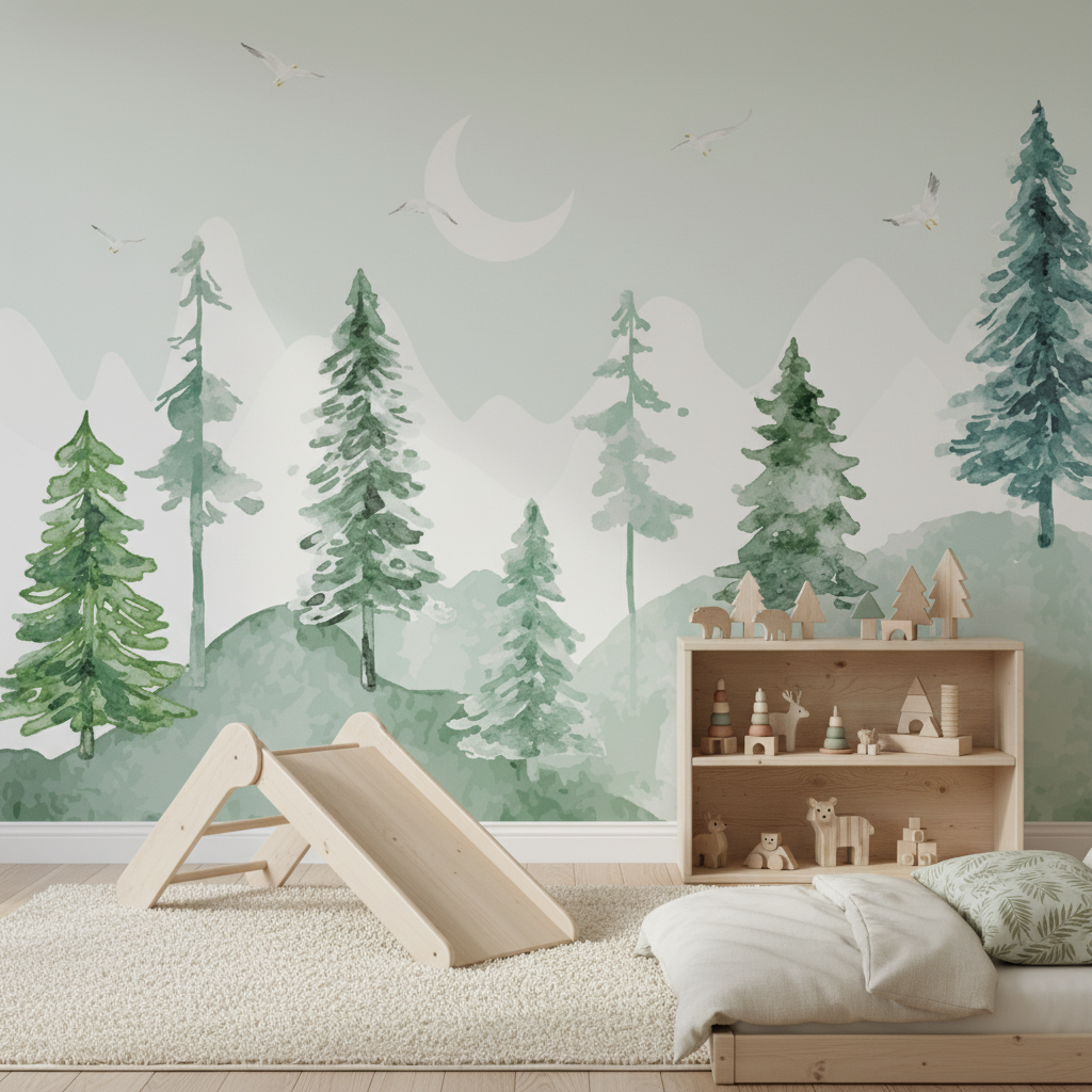 Mural Classic Baby Wallpaper Watercolor Green Forest
