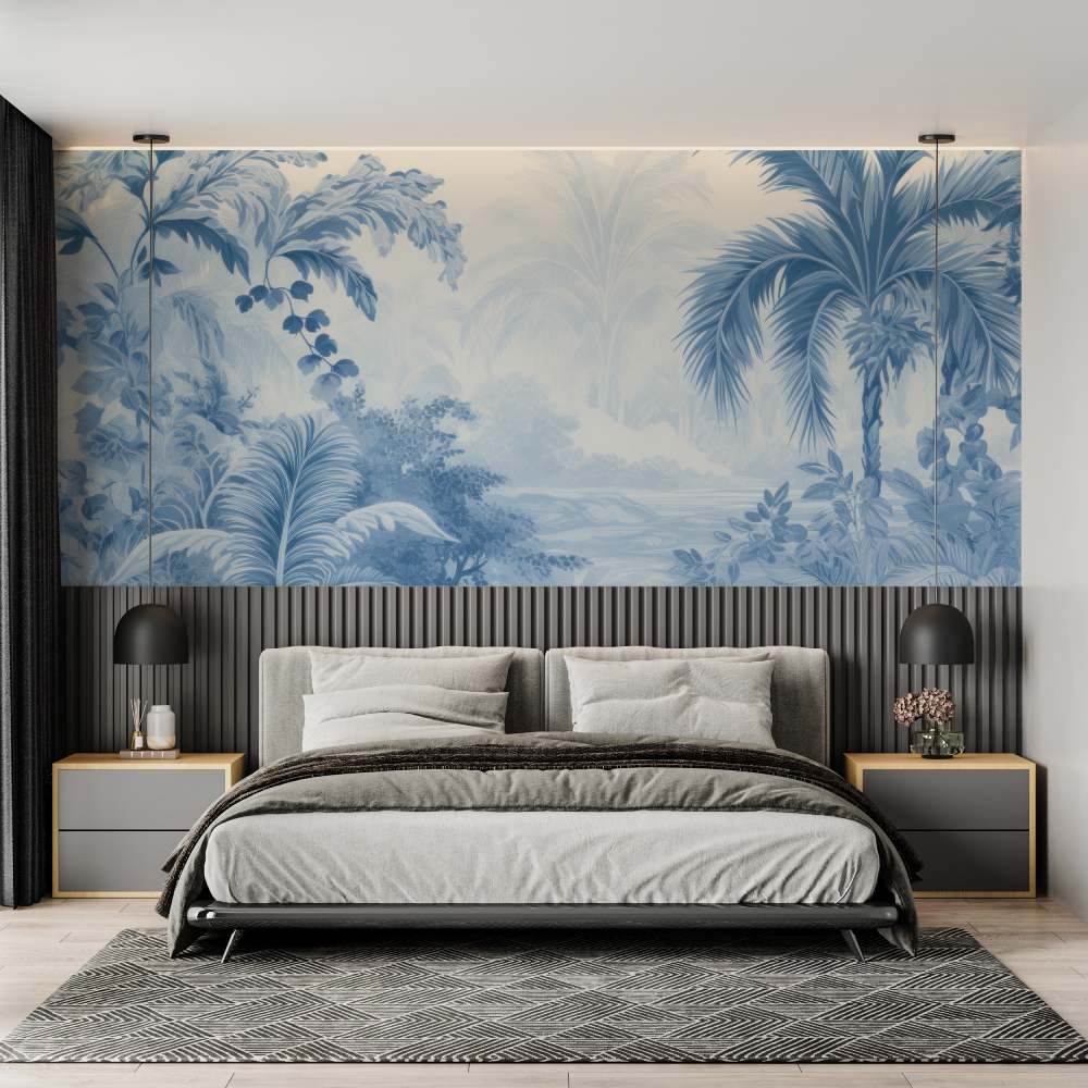 Papier Peint Panoramique Palmiers Bleu – Panorama-Wandbild