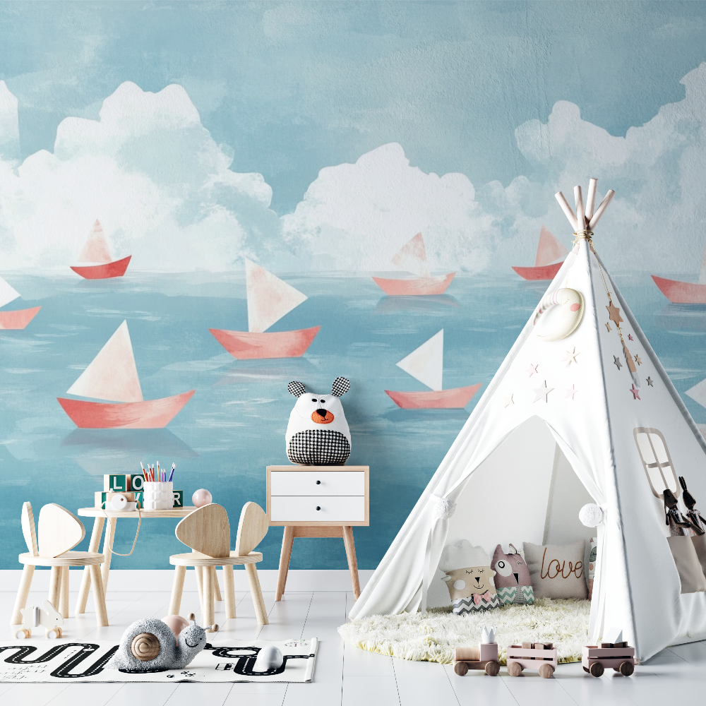 Marine Wallpaper with Soft Paper Boats and Ocean | Murals Wallpaper
