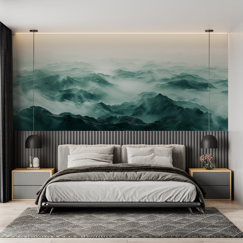 Bathroom Wallpaper Mountain Green Illustration | Murals Wallpaper