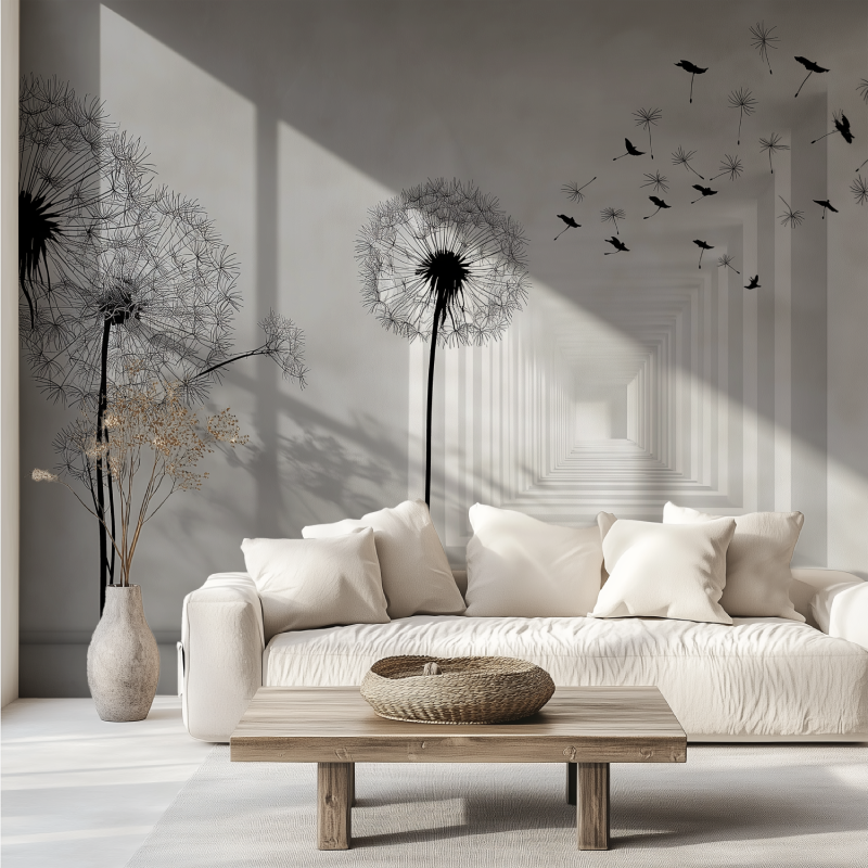 Black and white illlusion mural wallpaper canape tendance