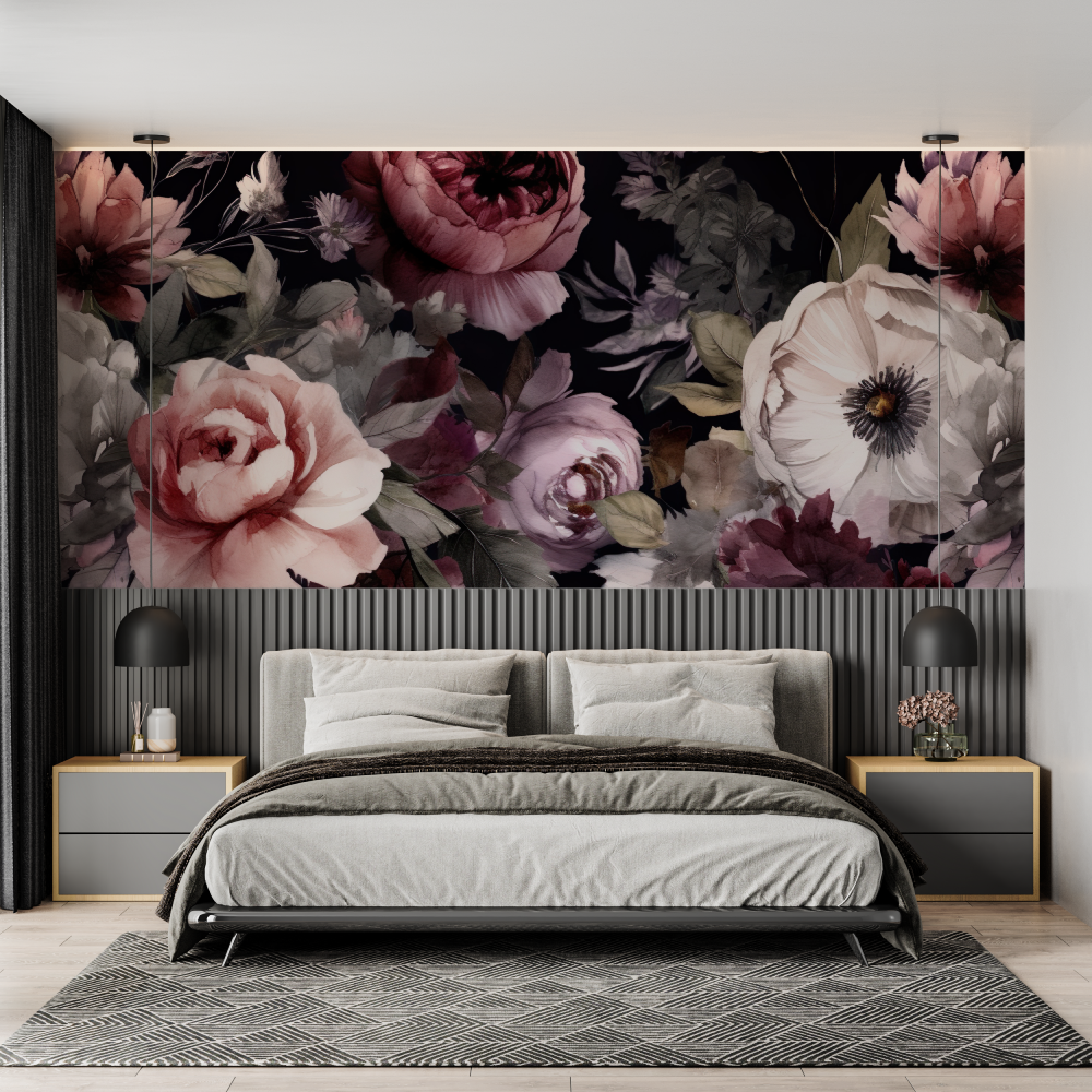 Papier Peint Grosses Fleurs Fond Noir – Panorama-Wandbild