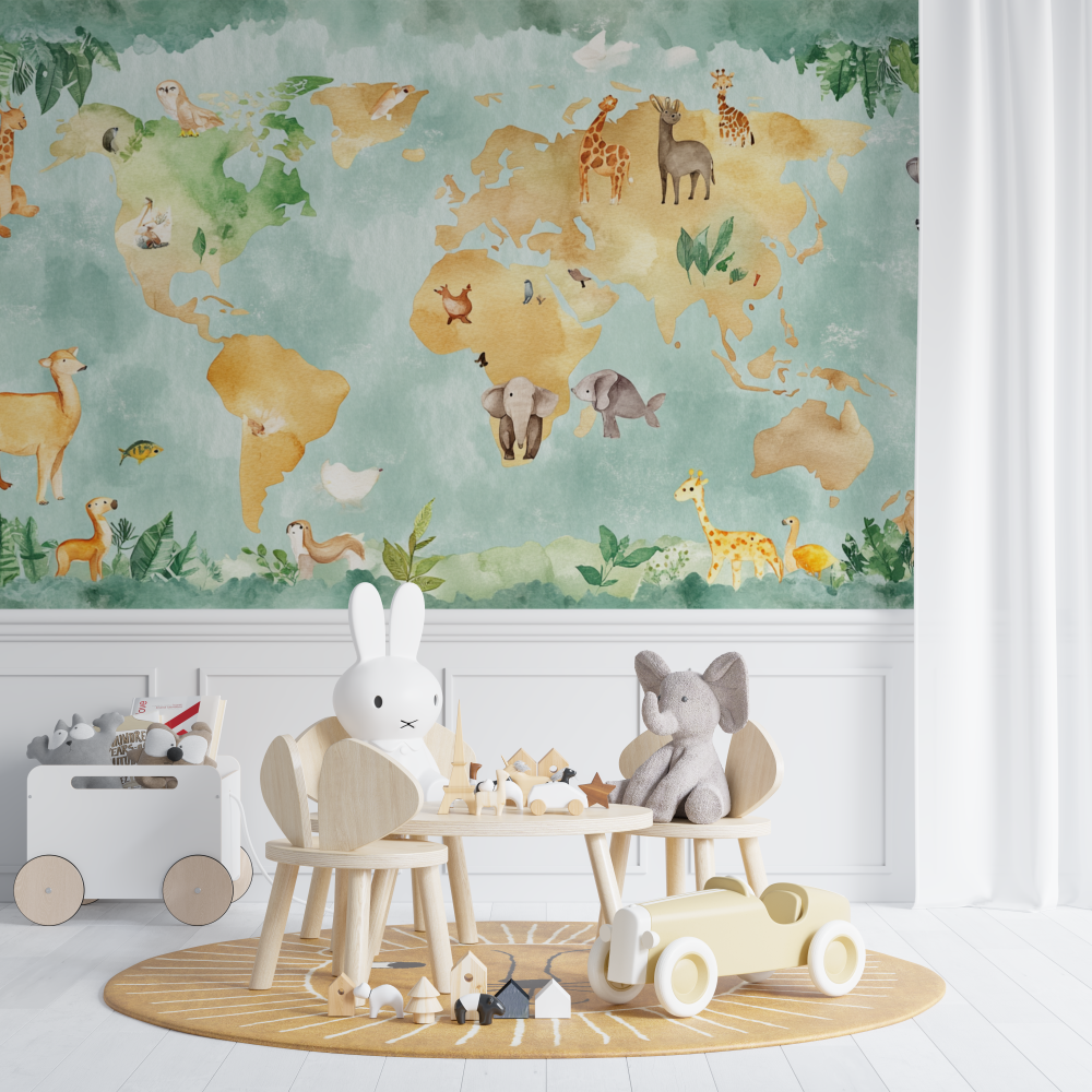 Colored World Map Wallpaper with Animals | Murals Wallpaper