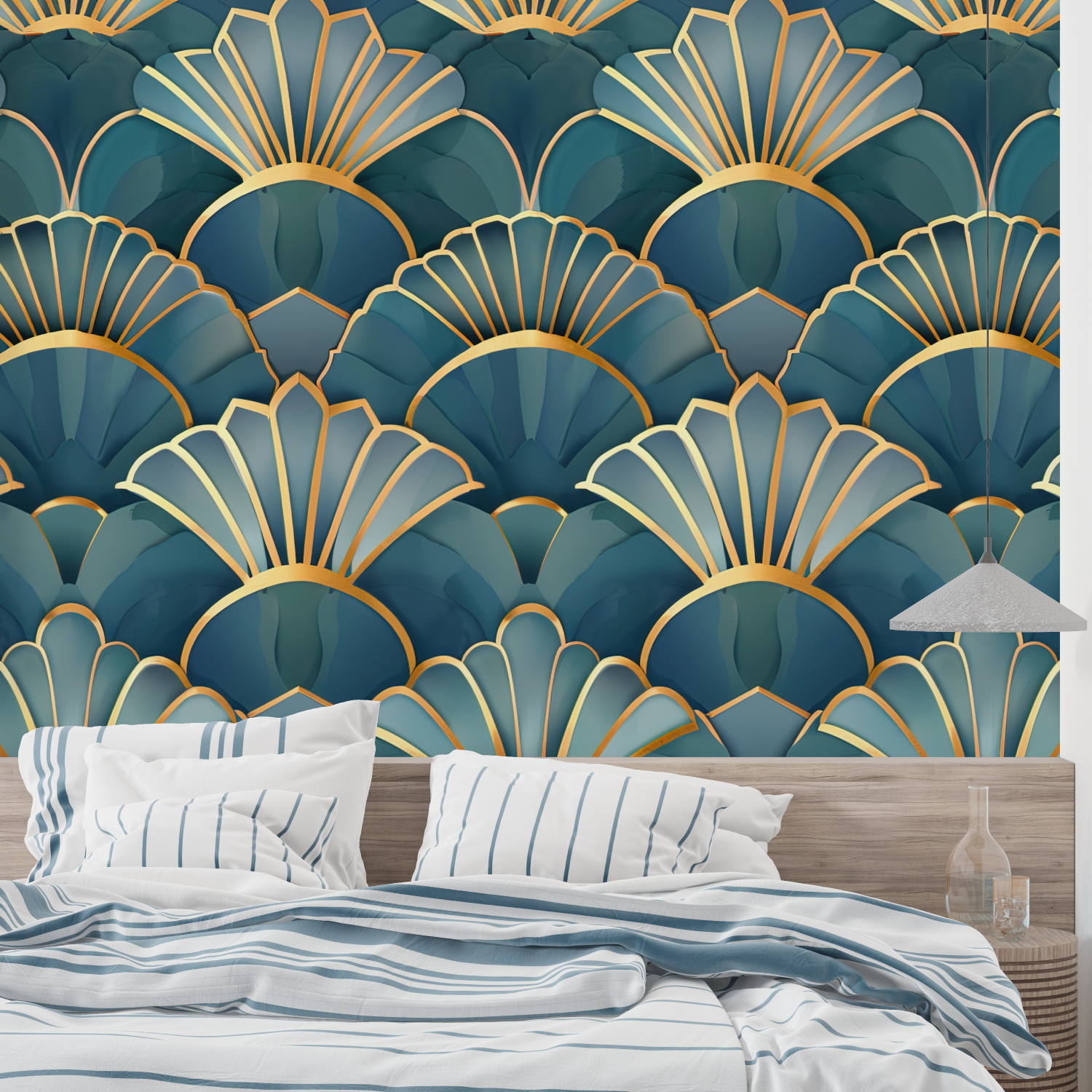 Art Deco Shells Blue Gold Wallpaper | Murals Wallpaper
