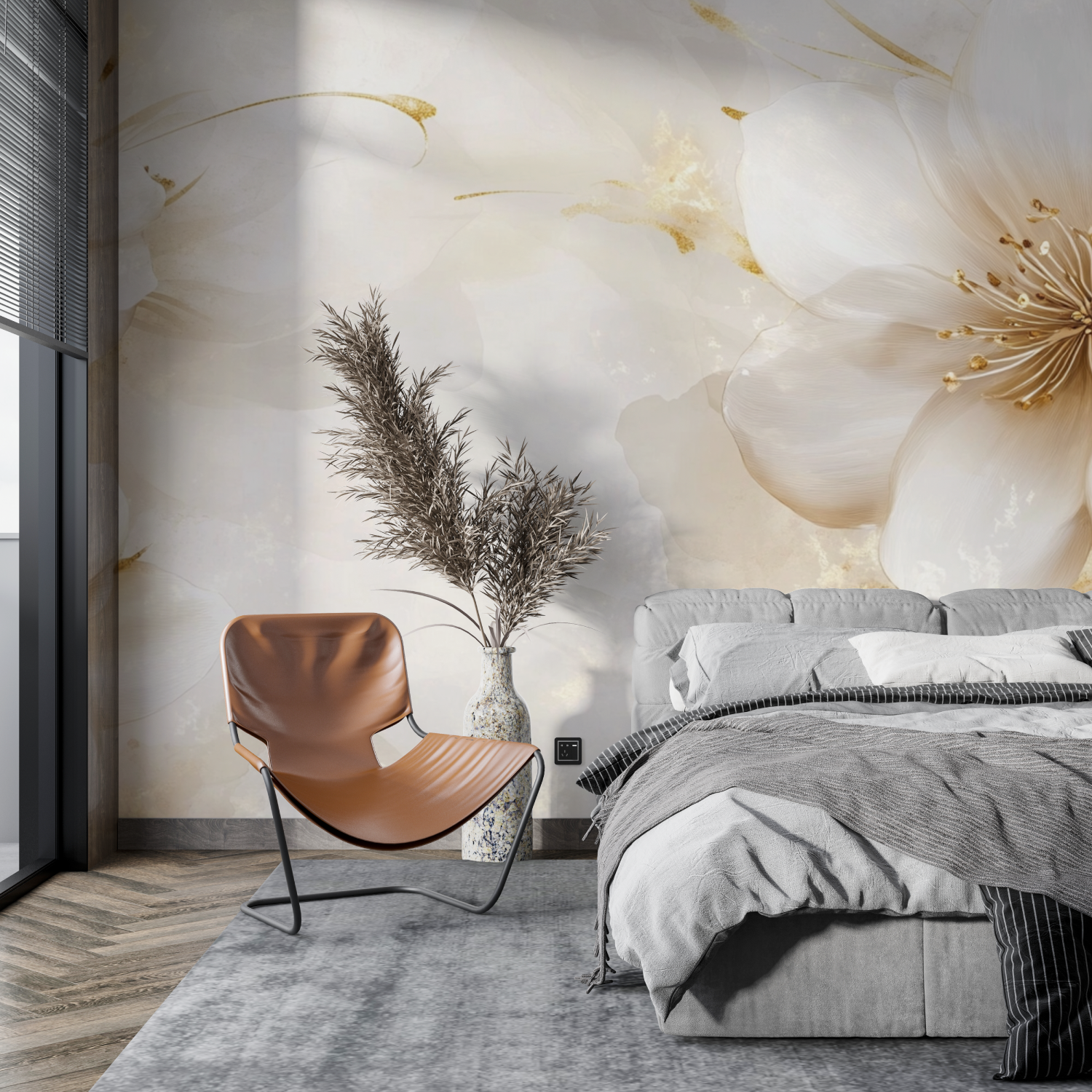 Beige and Gold Transparent Floral Wallpaper | Murals Wallpaper