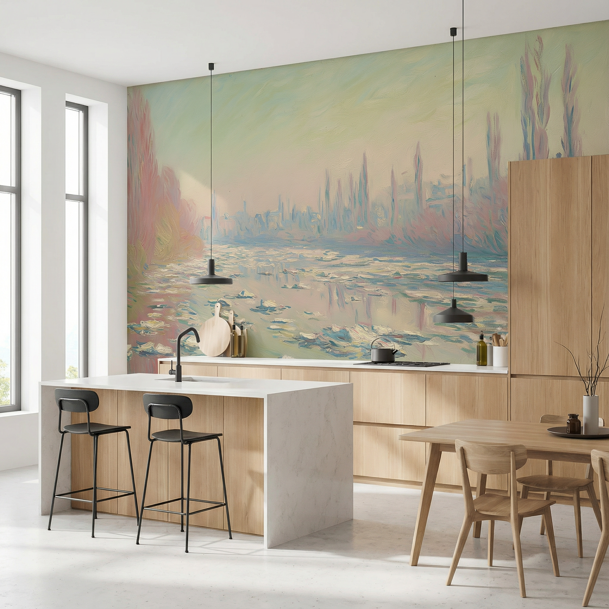 Pastel Impressionist River Landscape Mural Wallpaper
