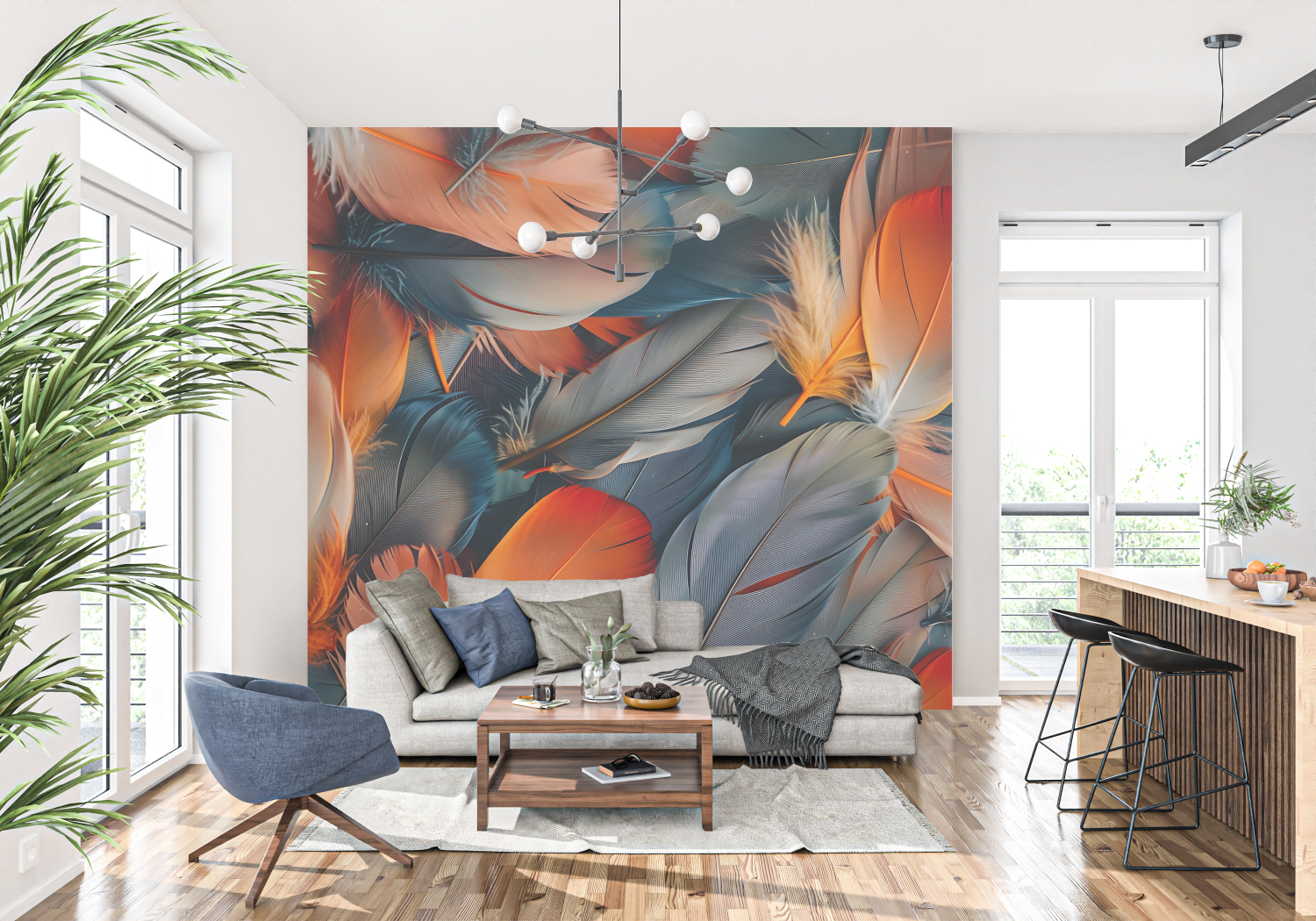 Orange and Blue Feather Wallpaper | Murals Wallpaper