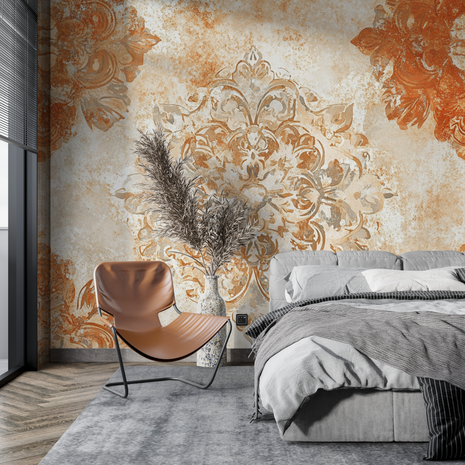 Terracotta Wallpaper with Golden Scrolls | Murals Wallpaper