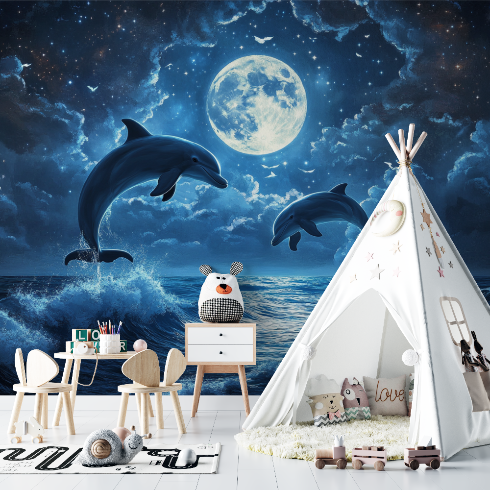 Marine Wallpaper with Dolphins and Shining Moon | Murals Wallpaper