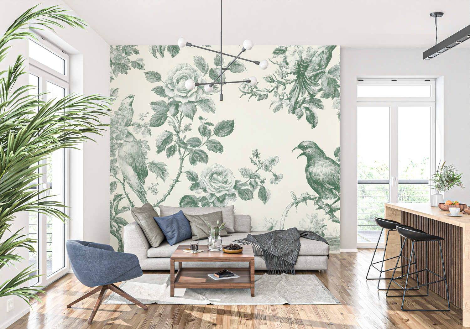 Green Toile de Jouy Wallpaper | Murals Wallpaper