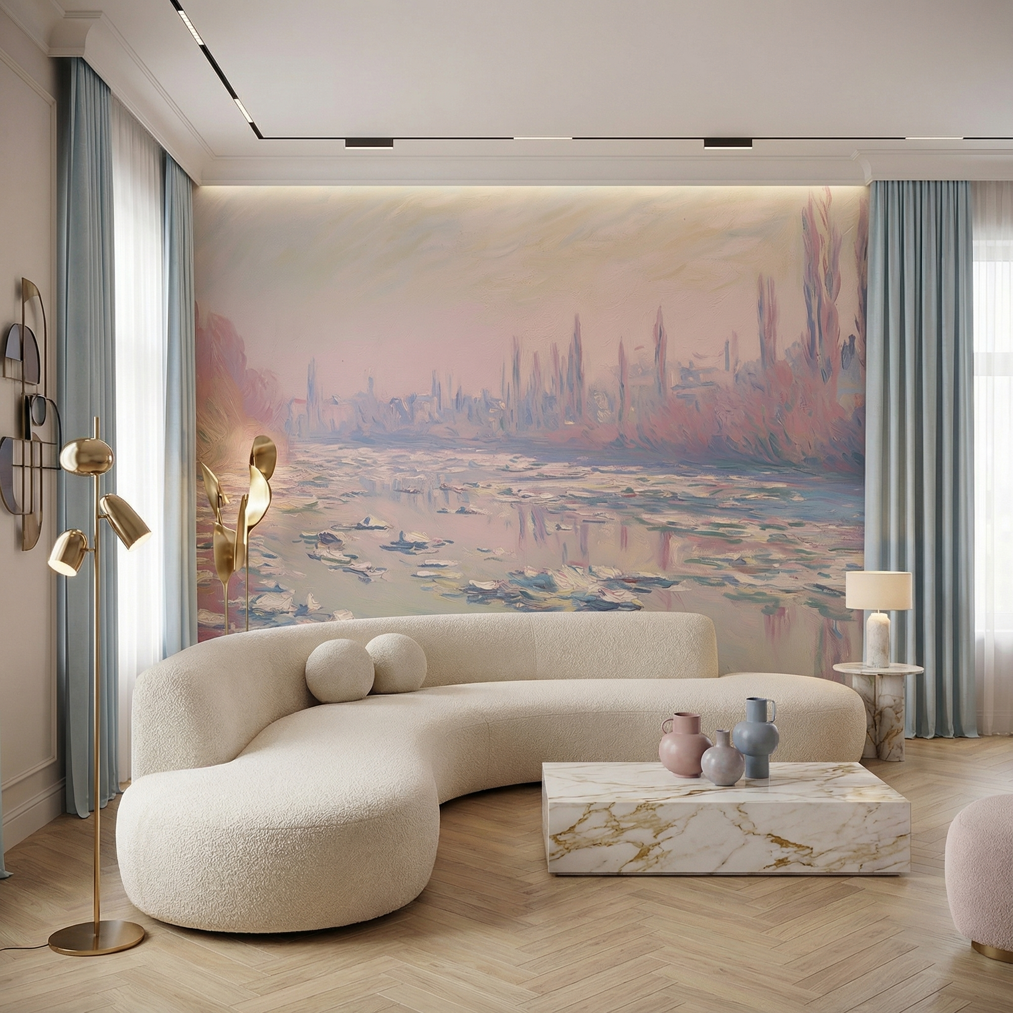 Pastel Impressionist River Landscape Mural Wallpaper