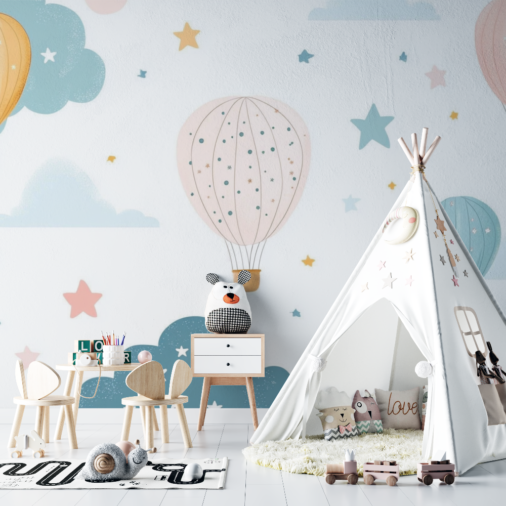 Hot Air Balloon and Gold Stars Wallpaper | Murals Wallpaper