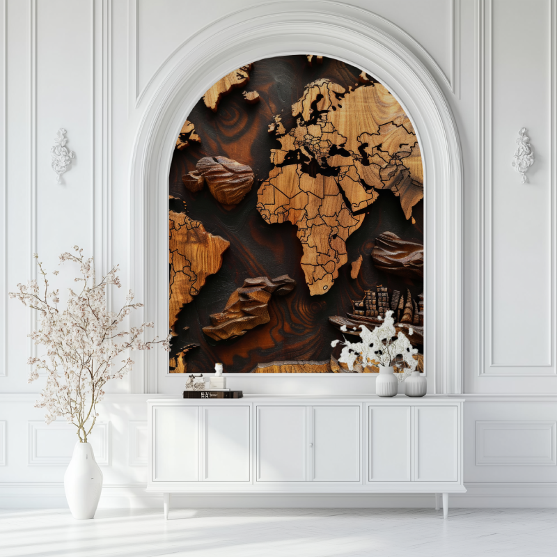 Papier peint carte du monde bois 3d salon blanc
