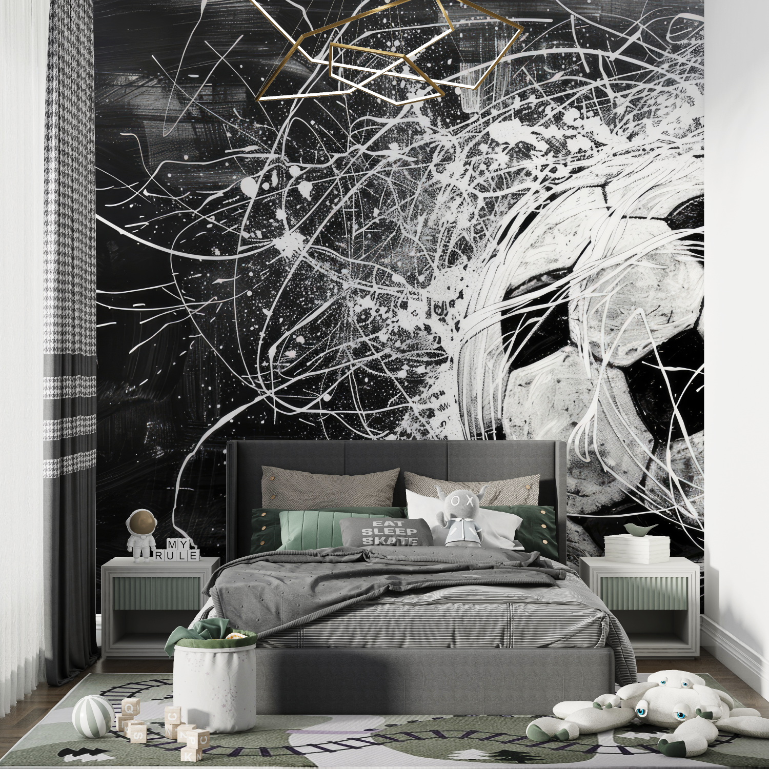 Papiere mit schwarzem Fußballon und weißem Garcon-Zimmer