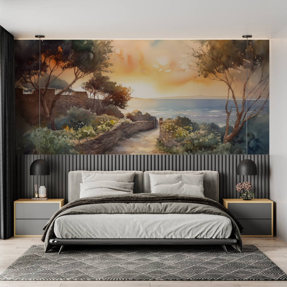 Watercolor Wallpaper Mediterranean Landscape Sunset | Murals Wallpaper