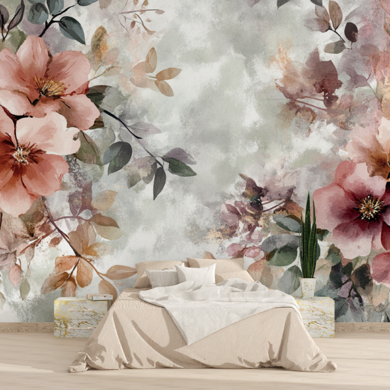 Watercolor Wallpaper with Bohemian Flowers and Plants | Murals Wallpaper