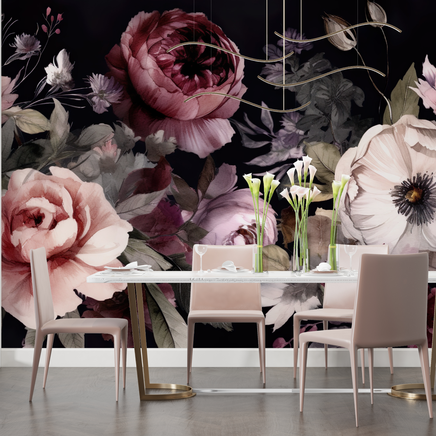 Papier Peint Grosses Fleurs Fond Noir - Tete de Lit