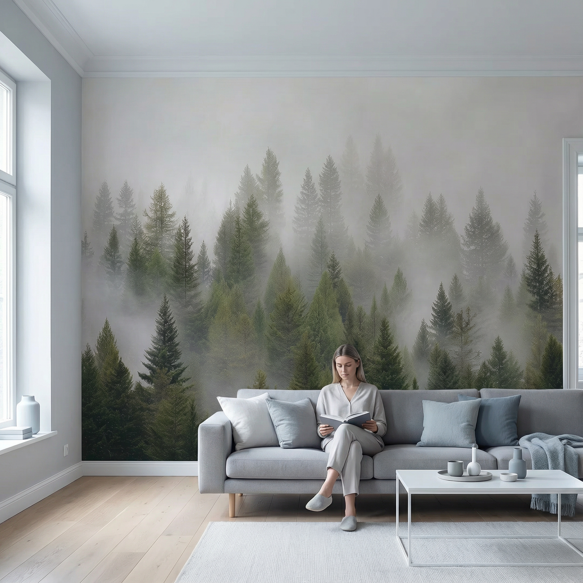 Wandtapete „Nebeliger grüner Kiefernwald“
