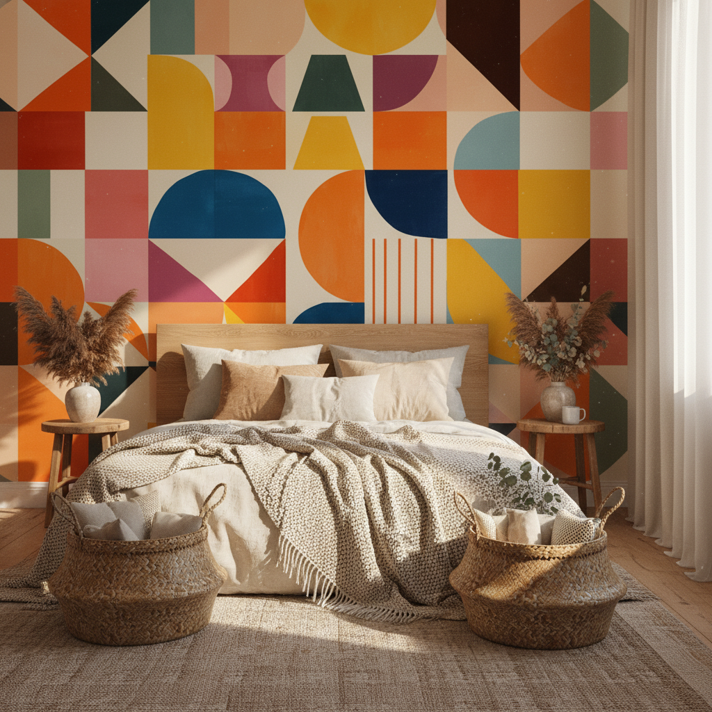 Retro Mid-Century Color Block Geometric Mural Wallpaper