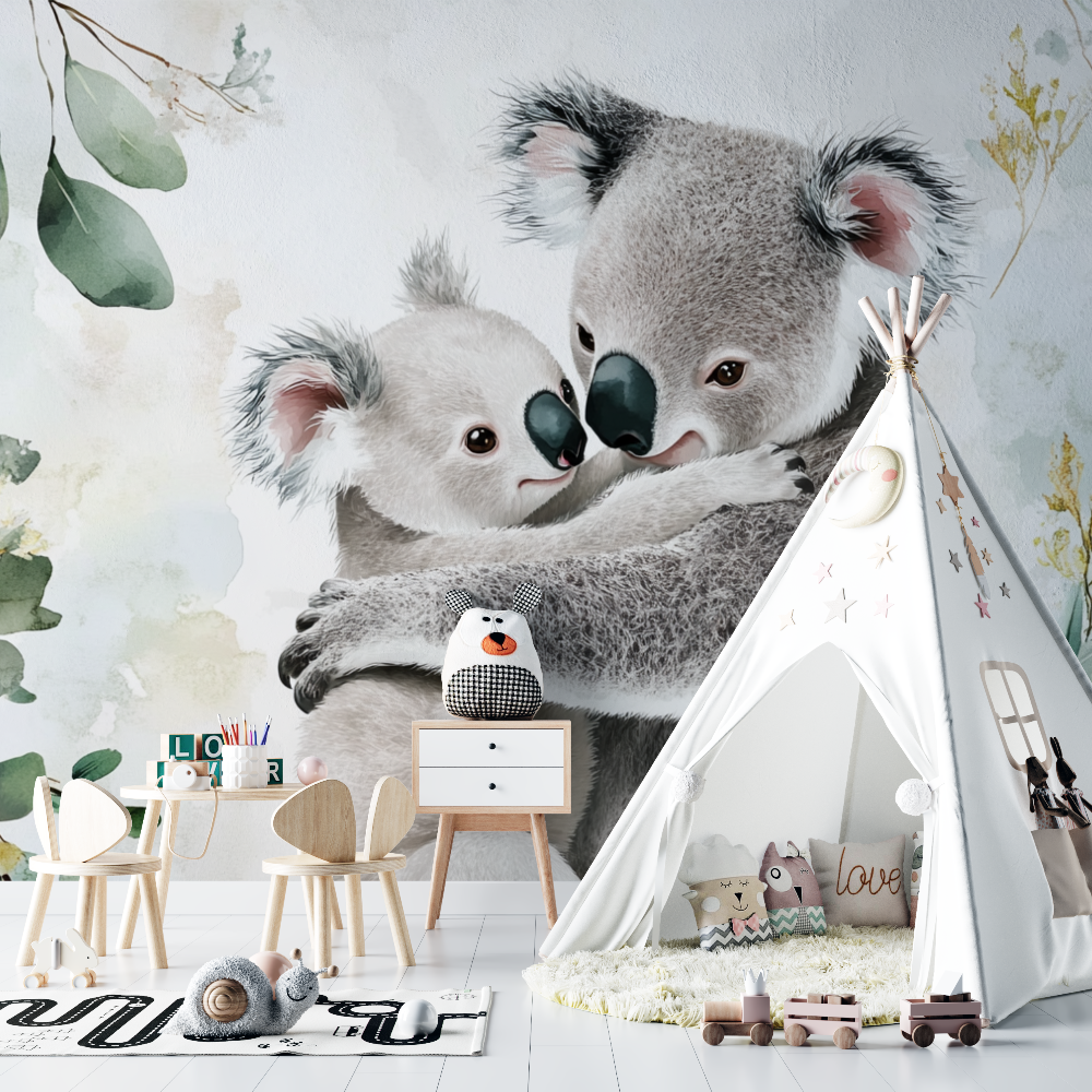 Koala Wallpaper Cuddled Against Its Mom | Murals Wallpaper